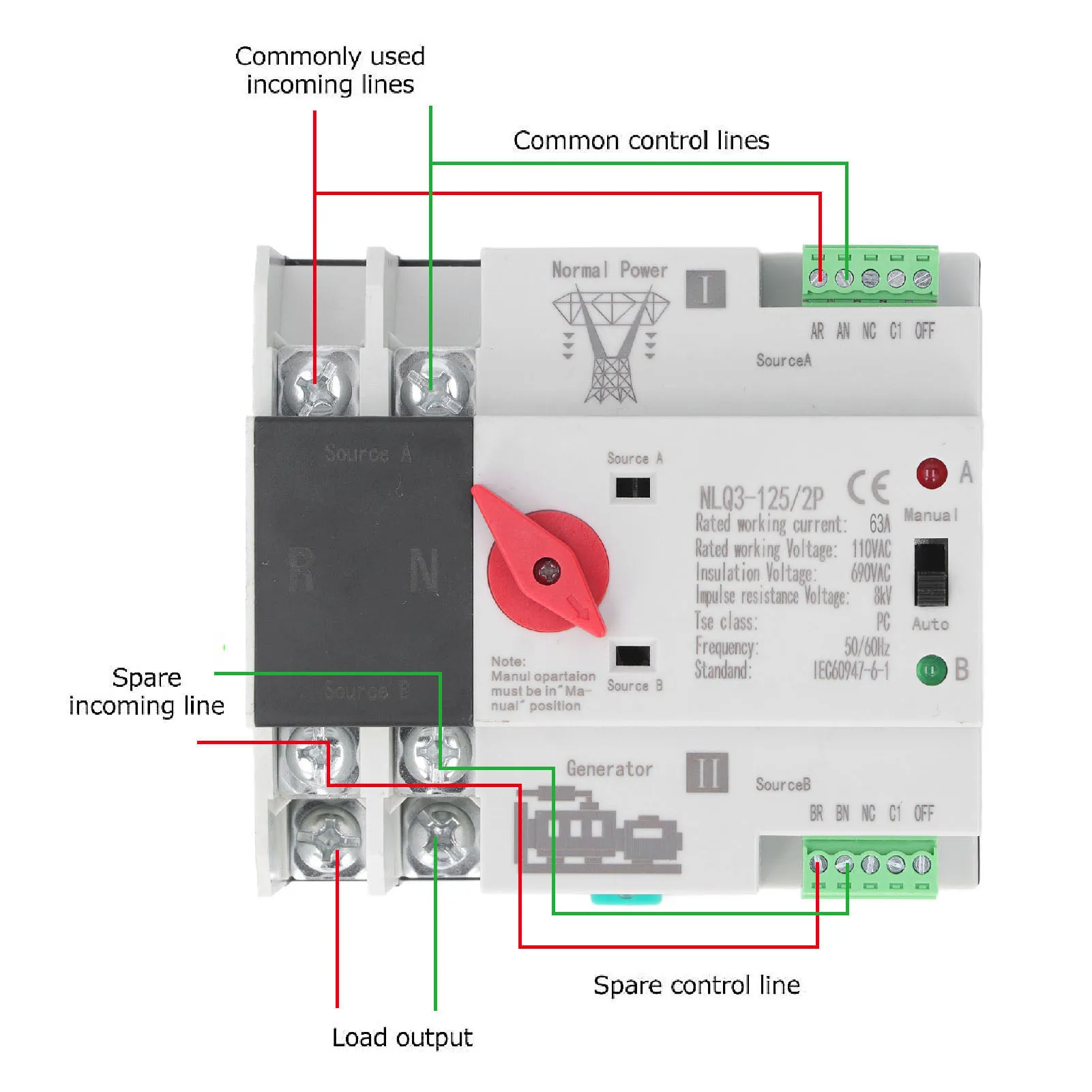 2P Dual Power Automatic Transfer  Generator Transfer Changeover  AC110V 50Hz 60Hz 63A Automatic Transfer