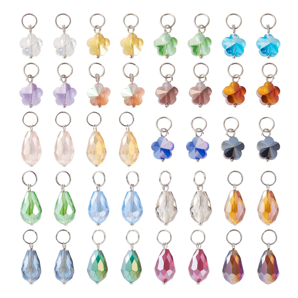 

120pcs Electroplate Glass Pendant Mix Color Faceted Teardrop Flower Charms with Hoop for Dangle Earrings Necklace Jewelry Making