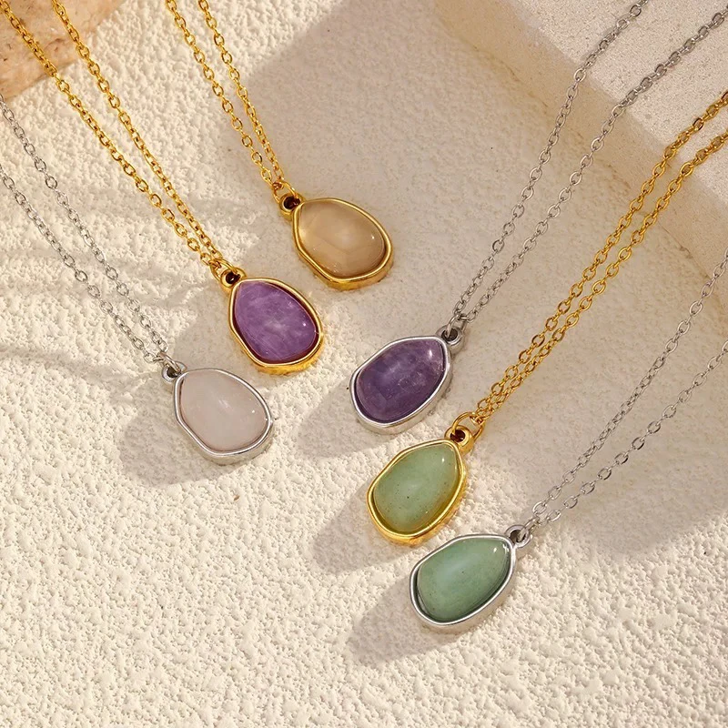 Charm Stone Opal Oval Necklace For Women Gold Color Stainless Steel Waterproof Geometric Vintage Necklace Elegant Birthday Gifts