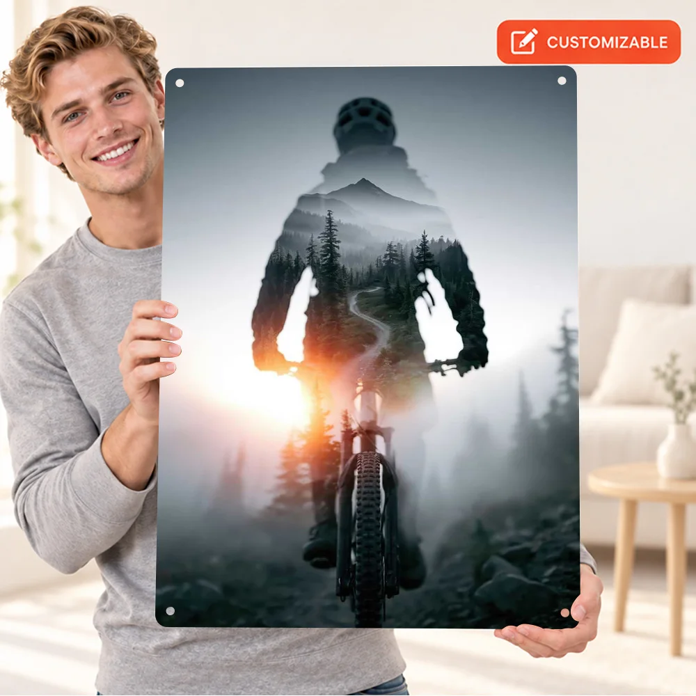 Double Exposure Mountain Biker Silhouette Printed Poster Customized Aluminum Metal Sign Graphic Illustration Wall Art For Study