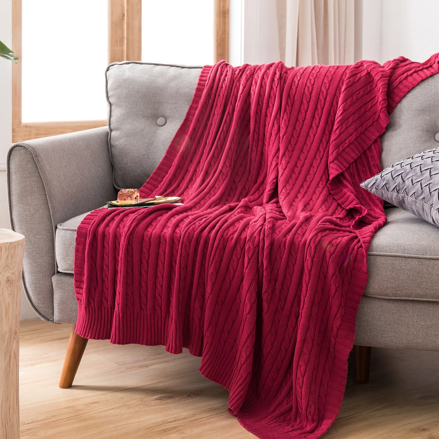 Battilo Cotton Knitted Throw Blanket Soft Cozy Cable Knit Sofa Throws Large Heavyweight Decorative Blanket for Twin Queen Bed