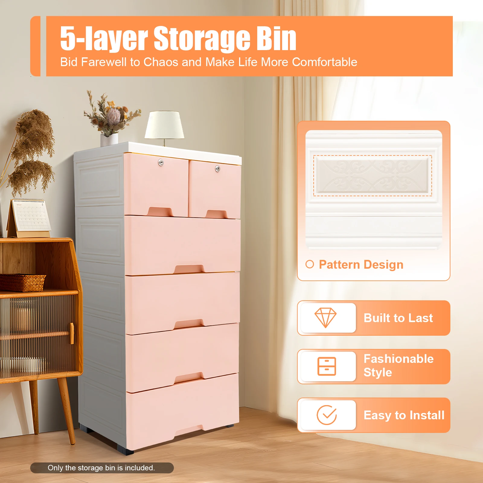 

5-Layer Storage Bin with 6 Drawers, Pink Drawer Storage Cabinet with Wheels for Bedroom, Living room, Study, Office, Load 25 KG