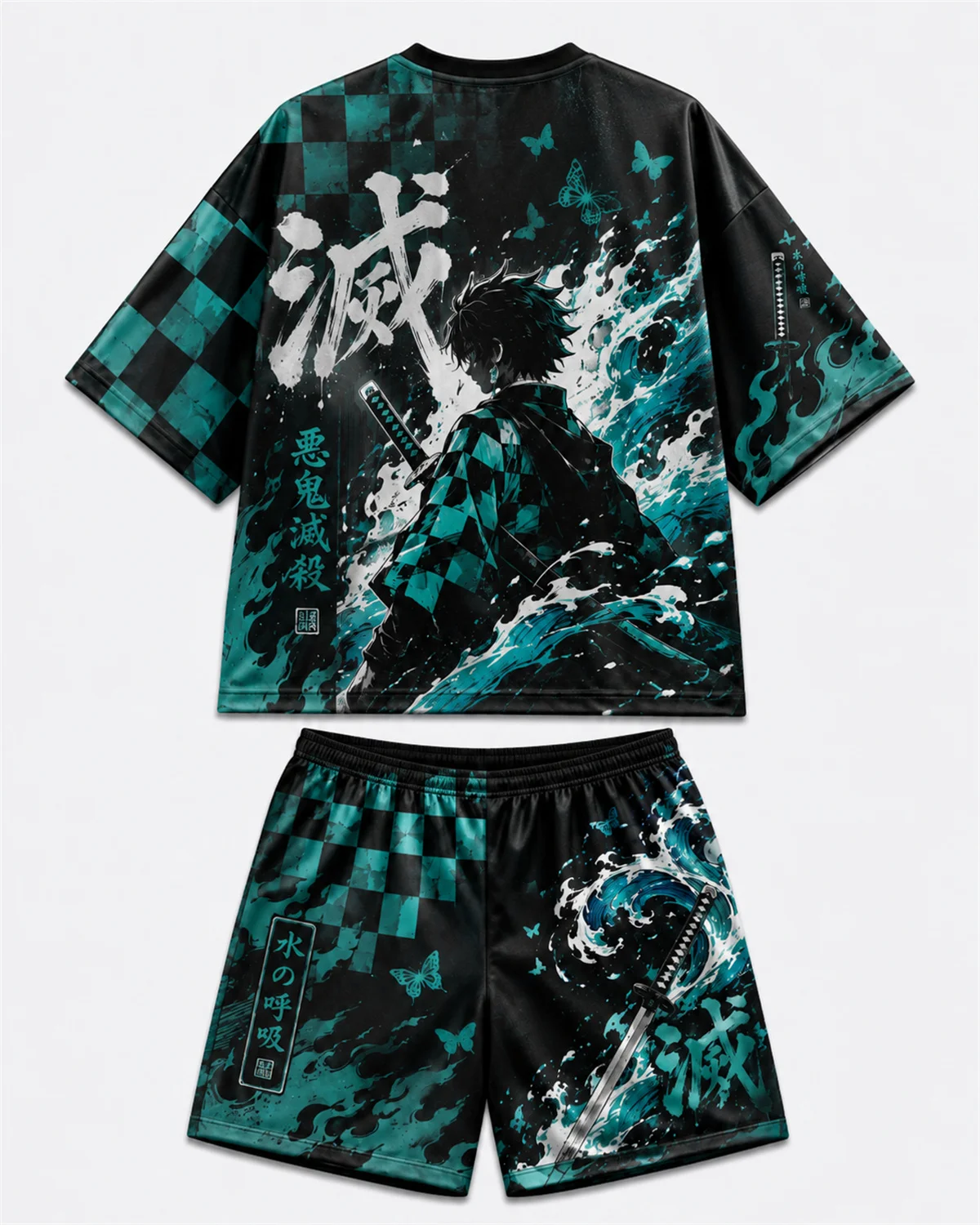 Demon Slayer Tanjiro Water Breathing Print Mesh T Shirt Shorts Set For Men Women Fans Breathable Loose Casual Two Piece Outfit