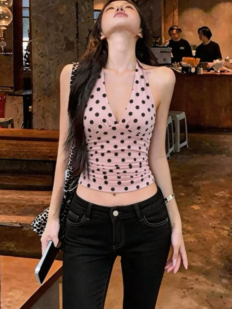 Summer versatile polka dot print deep V-neck strap hanging neck backless top sexy spicy girl tank top