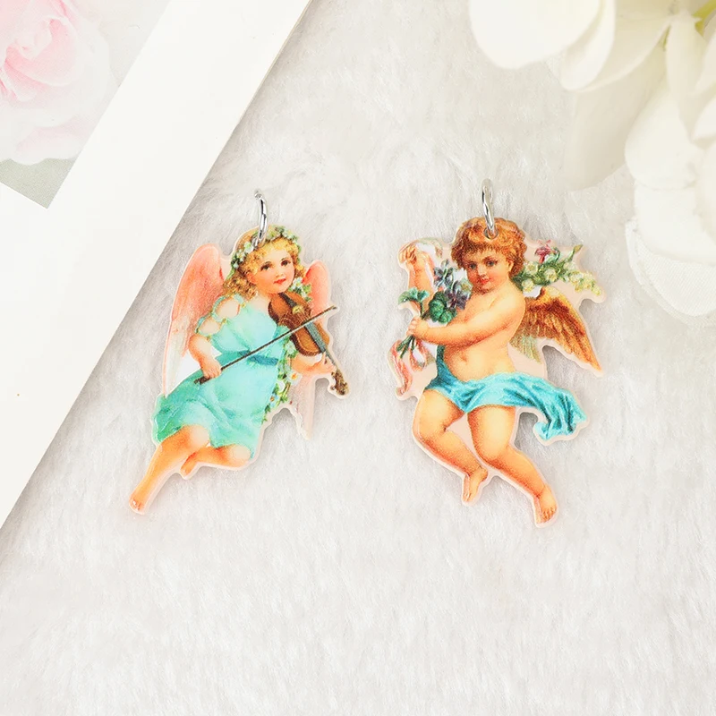 10Pcs Vintage Valentine Charms Creative Acrylic Cupid Angel Wings Pendant For Necklace Earring DIY Making Accessories