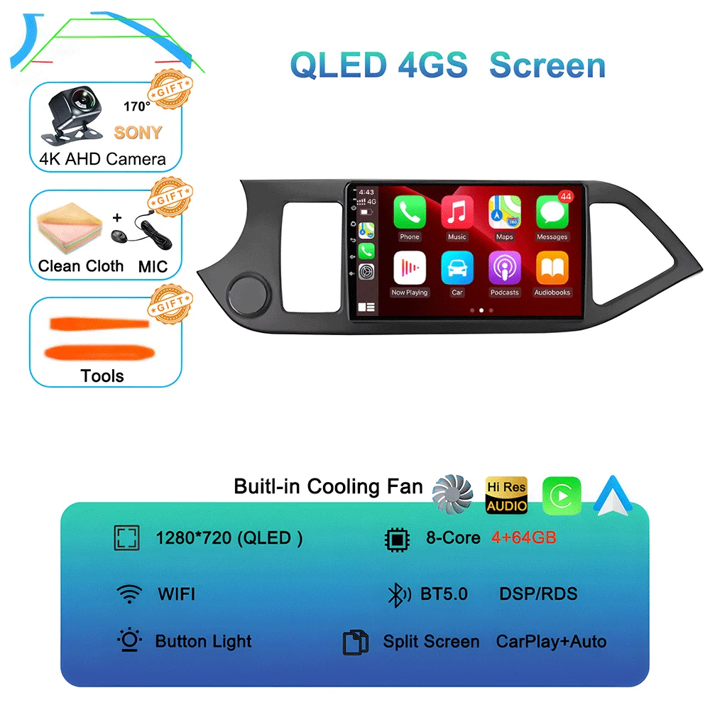 Android 16 Carplay Auto Voor KIA PICANTO Morning 2011 2012 2013 2014 2015 2016 Multimedia Auto Radio Navigatie Speler WIFI + 4G DSP
