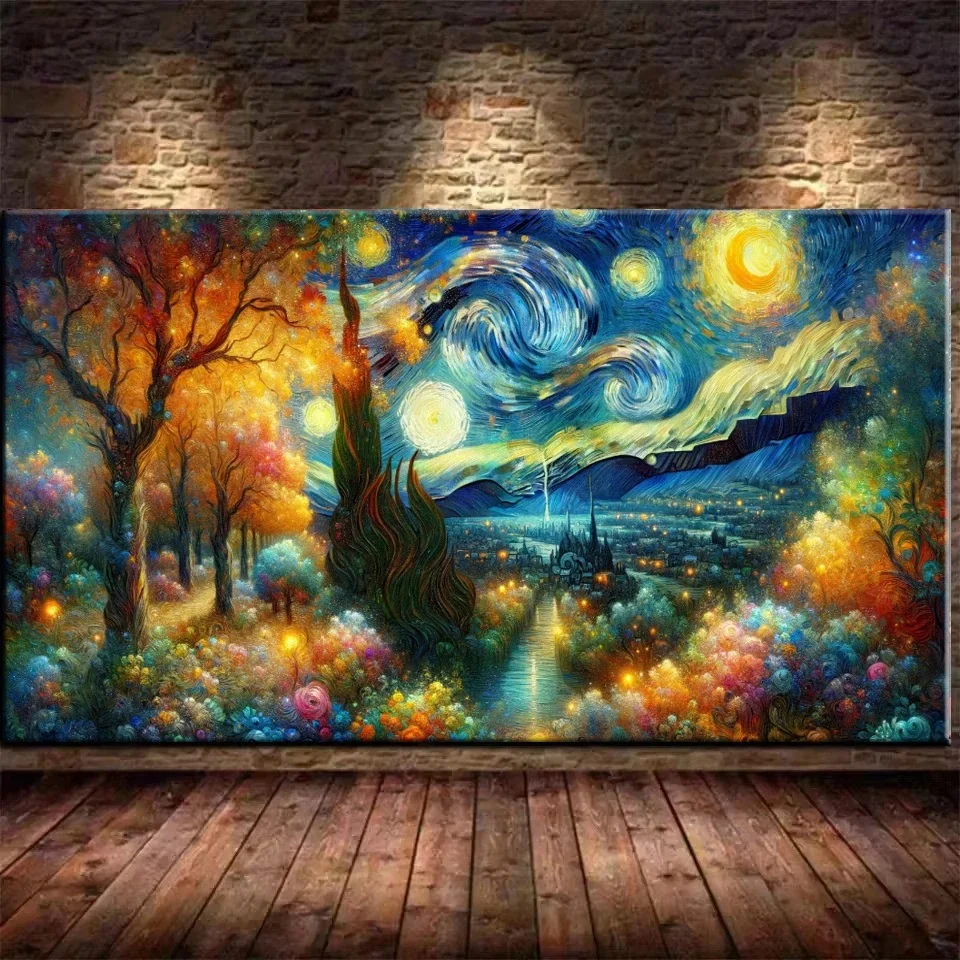 The Fall Of Night, Starry Sky Landscape DIY 5D Diamond Painting Cherry Blossom Van Gogh Art New Full Mosaic Diamond Embroidery