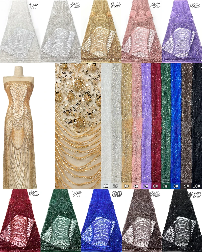 

Elegant Beaded Lace Fabric High-End Luxury French Sequins Mesh for Women's Party Dresses African Nigerian Fashion Style