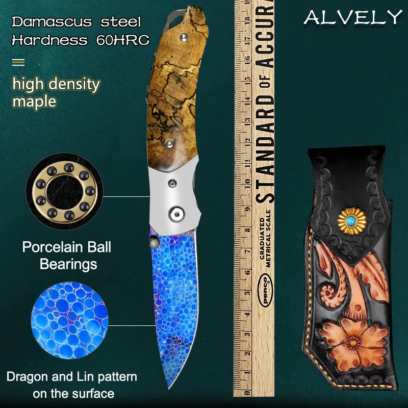 

Damascus Steel Blade Pocket Knife Stable Maple Handle Folding Knife Outdoor Camping Self Defense EDC Hand Tool Collection Knife