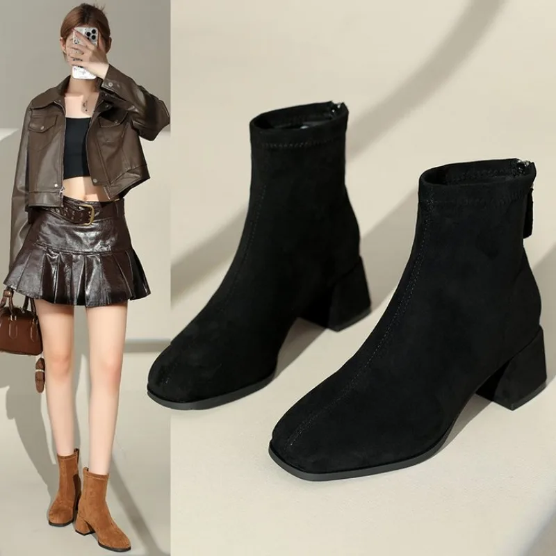 

Women's Ankle Boots 2026 New Pointed Toe Zippered Western Cowboy Boots For Women Block Heel Work Boots Female Plus Size 41 42