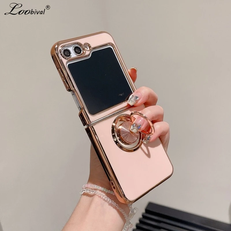 for Samsung Flip6 Luxury Magnetic Bracket Case for Samsung Galaxy Z Flip 6 5 4 3 Ring Holder Stand Plating Soft Silicone Cover