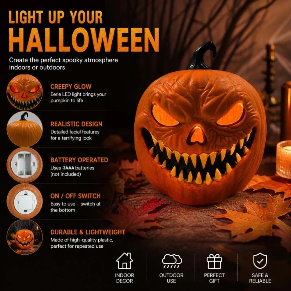 3 Styles LED Pumpkin Light Voice-Activated 3 AAA Battery-Operated Halloween Ornament Creative Glowing Sound Activated Lamp Party