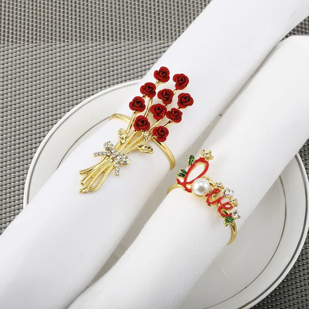 Exquisite Alloy Valentine's Day Rose Napkin Buckle Diamond Gold Love Napkin Ring Luxurious Napkin Holder Banquet