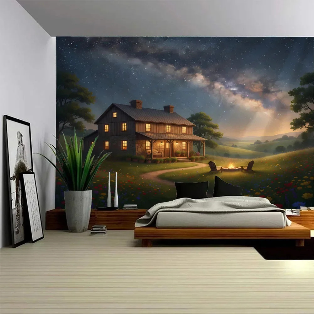 Starry Sky Wonderland Tapestry with Glowing Mushroom Forest Flower House Wall Hanging Cloth Home Decor Poster