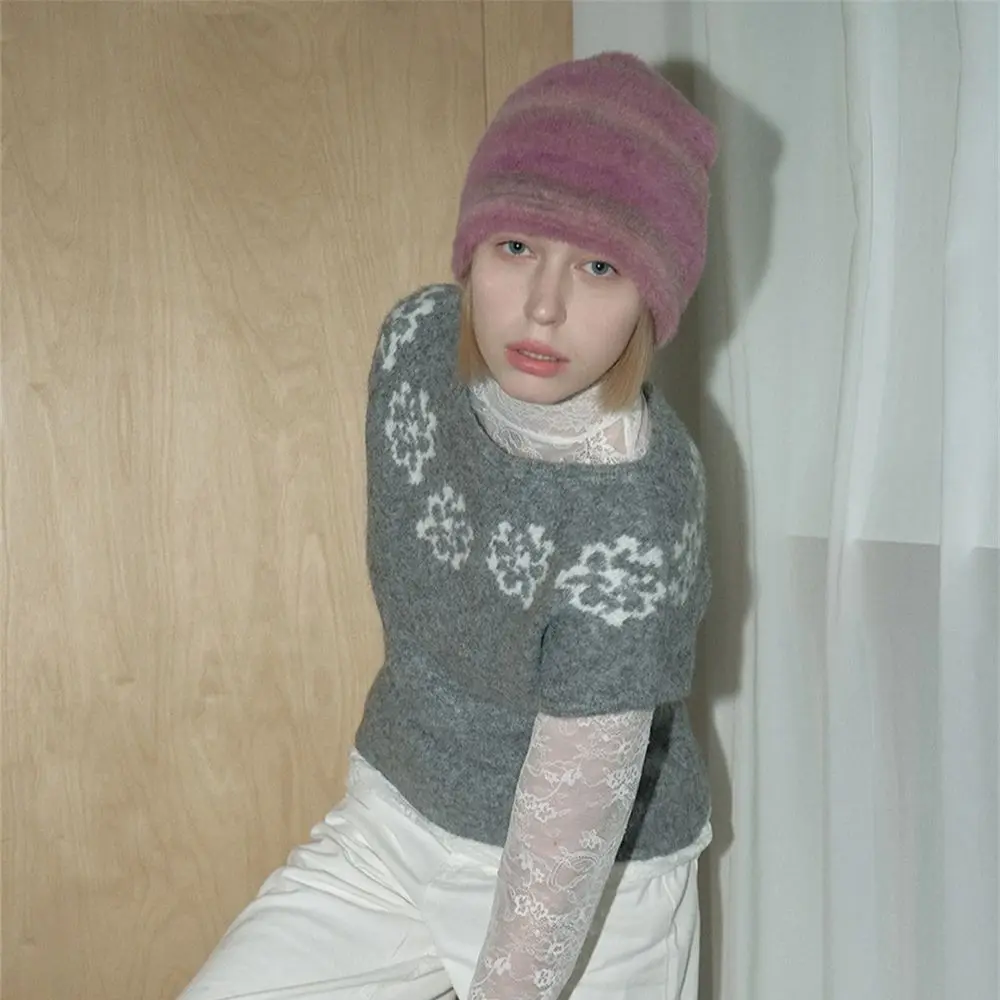 Women's Winter Striped Knitting Hat Unisex Ear Protection Retro Warm Cap Korean Version Big Head Wrap Hats Clothing Accessories view 3