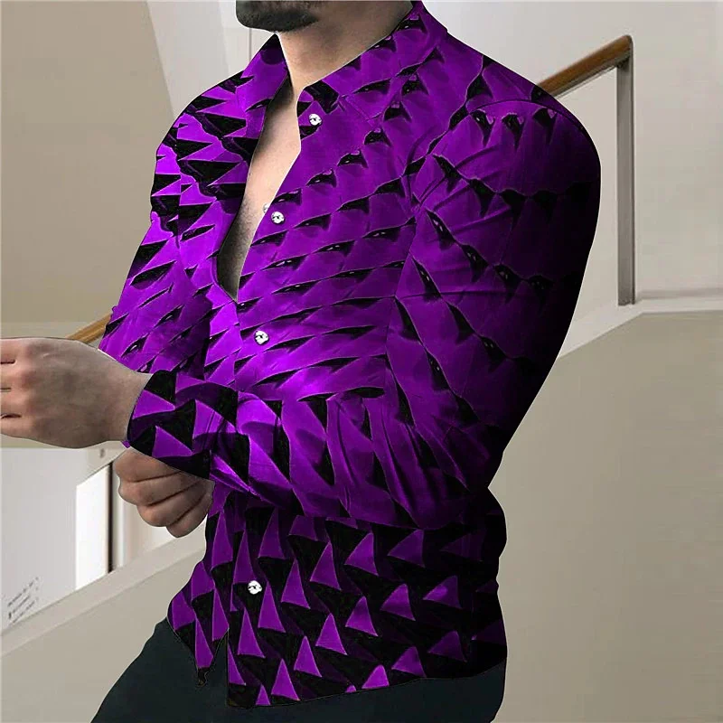 New men's fashion social luxury ball long-sleeved lapel single-breasted shirt casual luminous pattern printed men's top