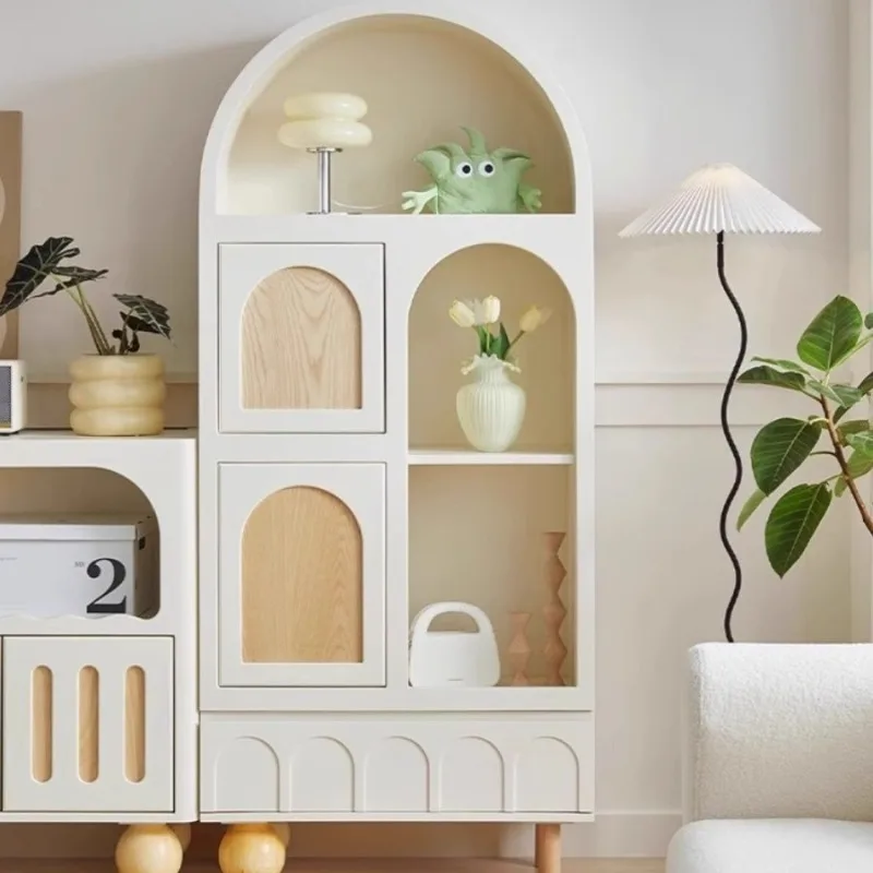 Solid wood semi-circular arched glass door bookcase, French white vintage children's storage cabinet, bookshelf display cabinet