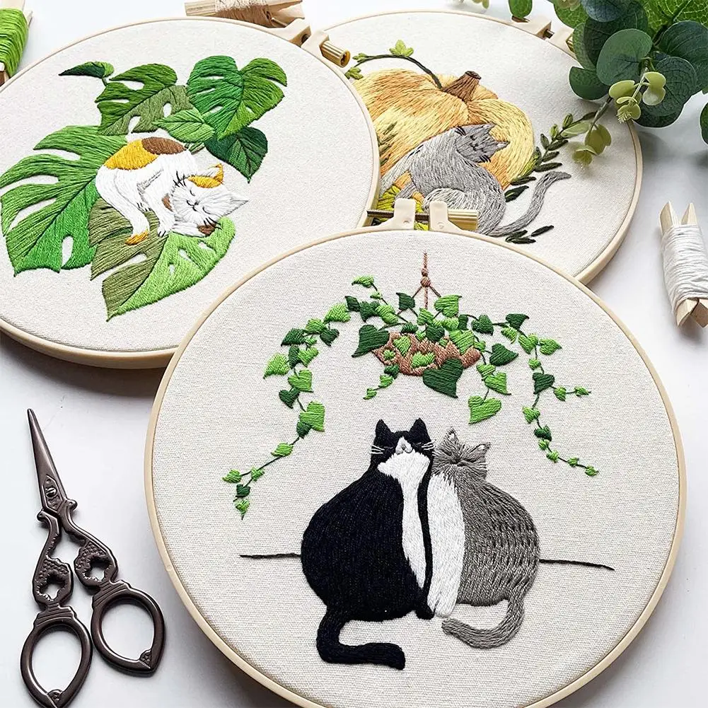 DIY Embroidery Needlework Tools For Beginners Home Sewing HandCrafts Kit Embroidery Set Flowers Plants Cat Pattern Handmade