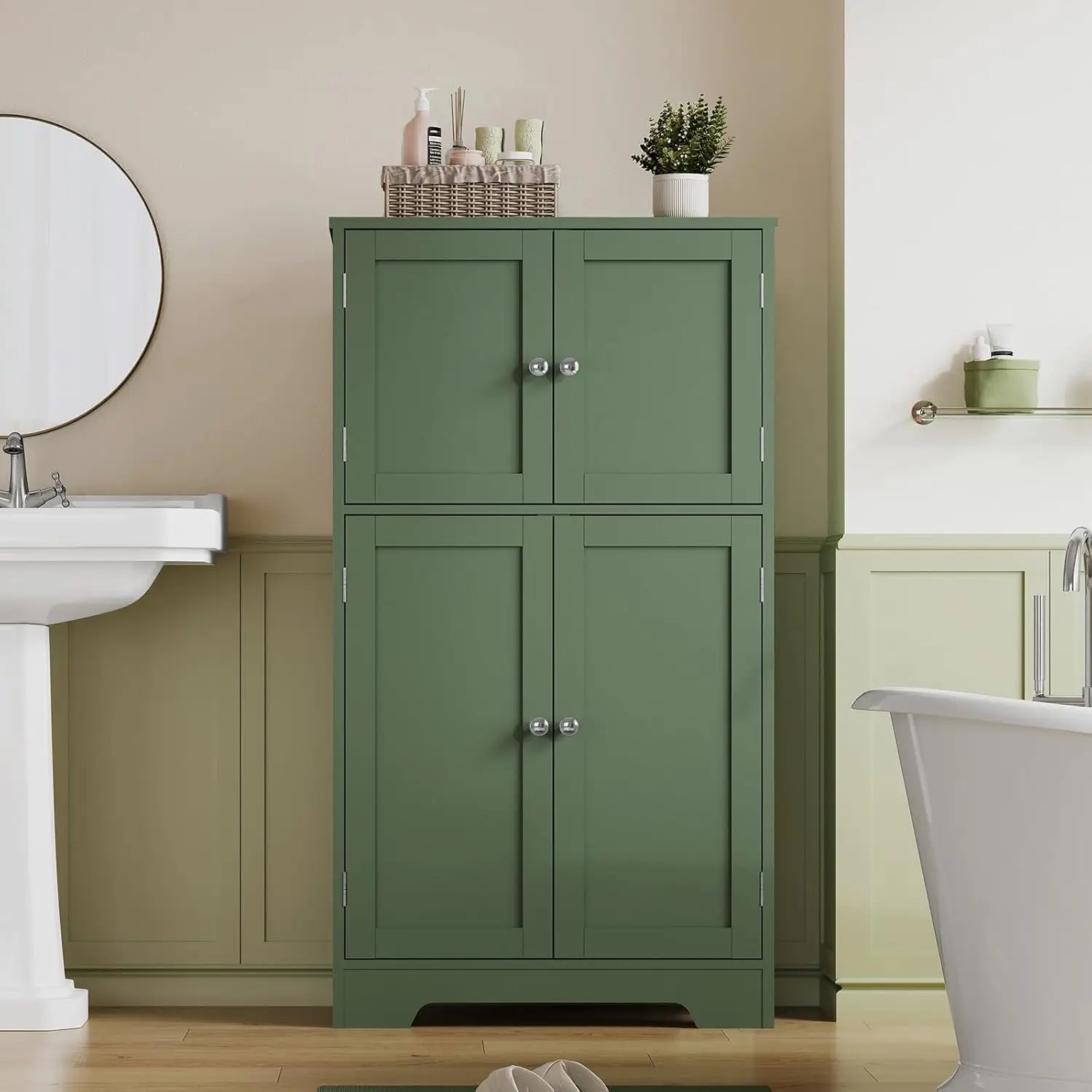 Armário de armazenamento de piso de banheiro, armário de banheiro independente com 4 portas e 2 prateleiras ajustáveis, armário, armários de chão para