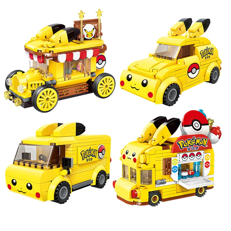 

2024 Classic Cartoon Animation Pokémon Pikachu Mini Car Bus Model Building Blocks Bricks Sets Dolls Kids Toys For Children Gift