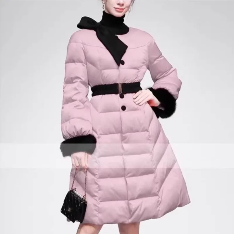 Winter new bow round neck red and black contrasting color waist cinched fur long down jacket elegant  longue doudoune femme