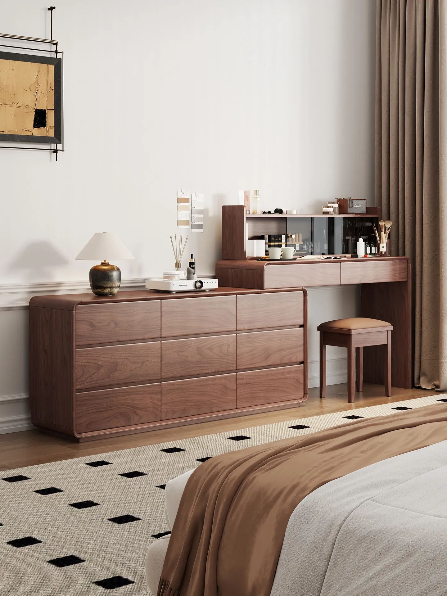 All solid wood dresser, chest, integrated medieval dresser 2025 new bed end corner bedroom retractable makeup table