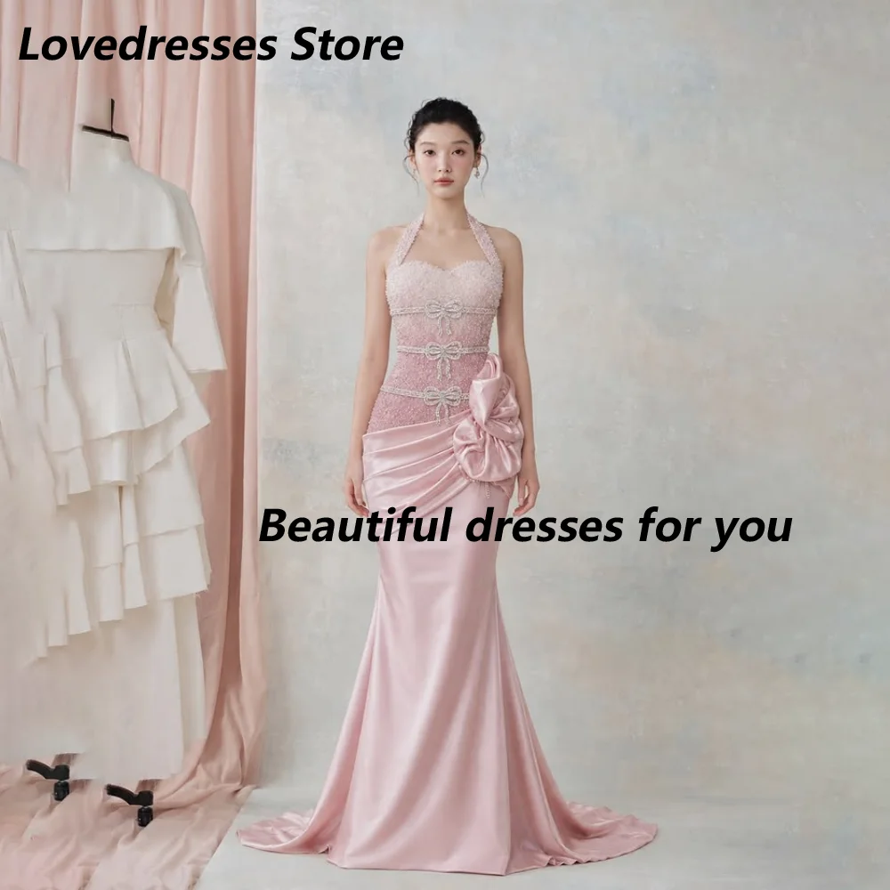 Customized Pink Halter Beaded Bow Bodice Mother Of The Bride Gown Draped Side Flower Mermaid Wedding Evening Dress With Train