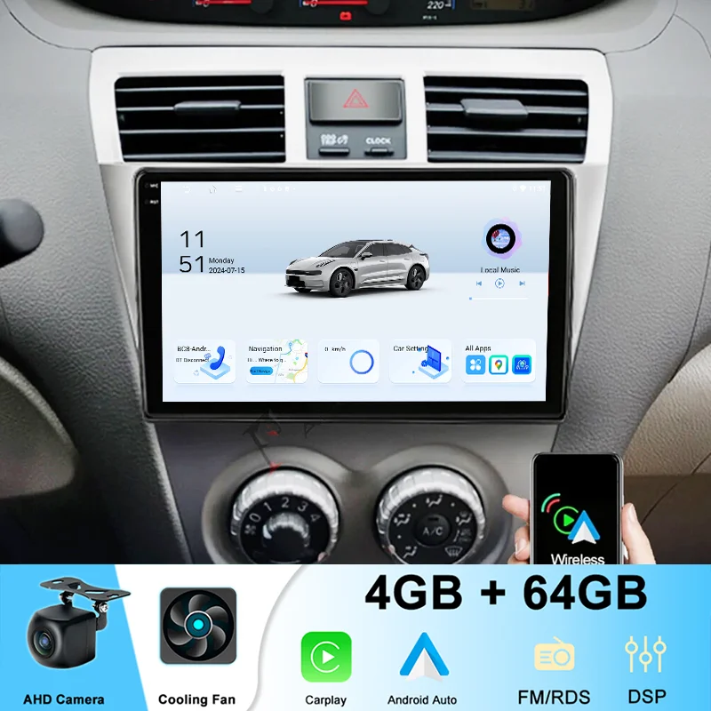 9'' 4-64GB For Toyota VIOS Yaris 2007-2012 Car Radio Wireless Carplay Android Auto FM BT Head Unit Outer Frame + Cable