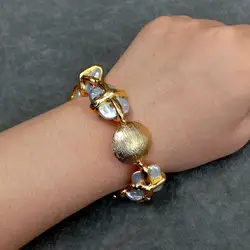 YYGEM19x25mm Natural Cultured White Keshi Pearl Rectangle Shape Gold Plated Cross Bracelet Design Jewelry