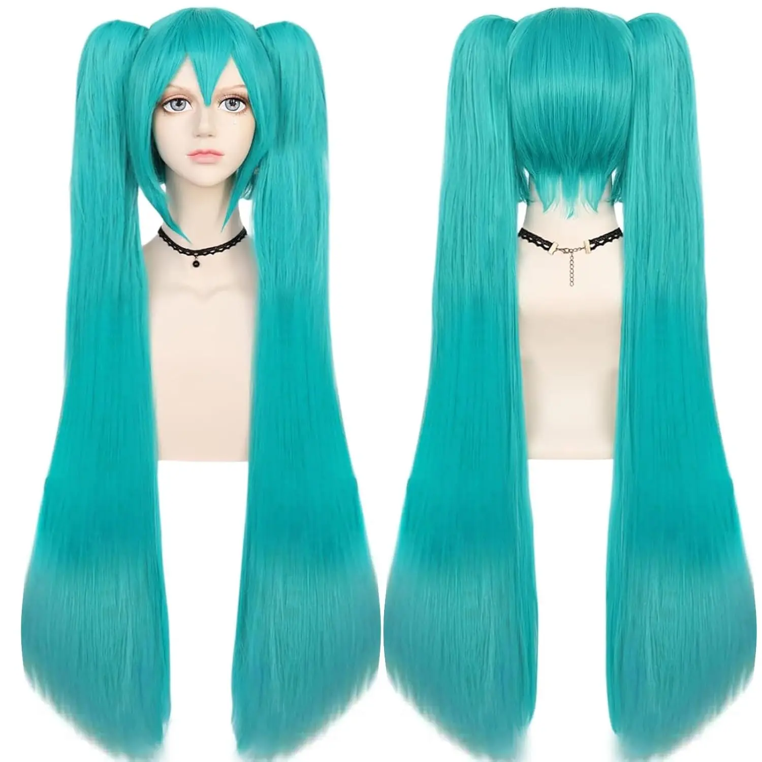 Synthetic Green Wigs +Hair Cap Long Greenish Wig with 2 Ponytails for Women Straight Bangs Cosplay Halloween Christmas Party
