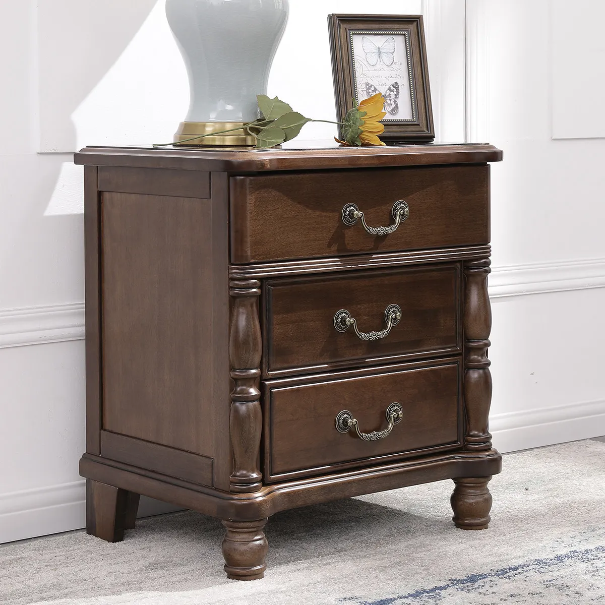 American Solid Wood Bedside Table, American Country Walnut Log Bedside Table, Vintage Bedroom Three Drawer Storage Cabinet