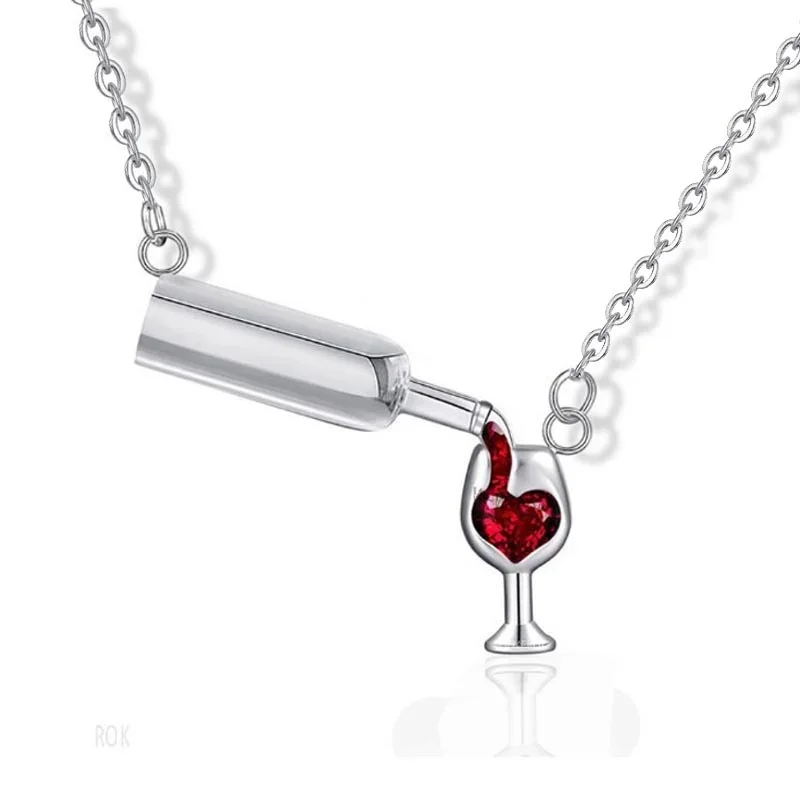 Women Fashion Zircon Heart Red Wine Bottle Cup Necklace Personality Cute Crystal Pendent Necklace Fashion Jewelry Gift For Girl