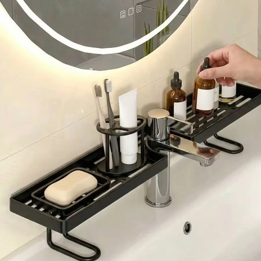 Bohrfreier Spülbecken-Organizer – Freistehendes Kohlenstoffstahl-Ablageregal für Armaturen, Platzsparender Badezimmer-Arbeitsplatten-Organizer – Detail 2