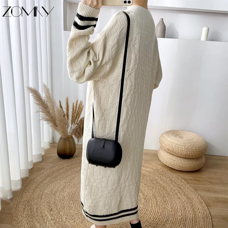 ZOMRY Autumn Winter Women\'s Midi Sweater Knitting Dress Korean Regulai Fit Embroidery Print Striped Long Sleeve Causal Clothing