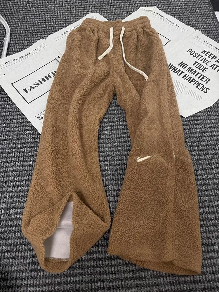 

Thiened Embroidered Lamb Velvet Pants Men's Autumn Winter Warm Wide Leg Casual Trousers Youth Active Sle Straight Leg Pants