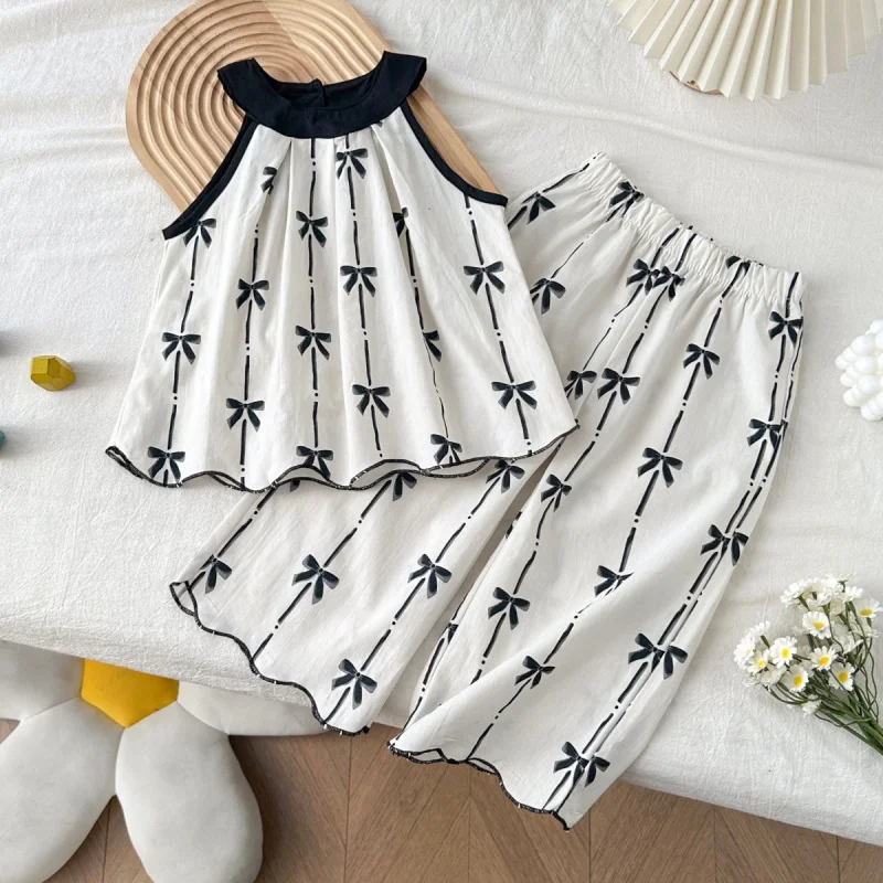 

Girls' stylish pure cotton printed set, new summer children's halter-neck top and wide-leg pants two-piece set