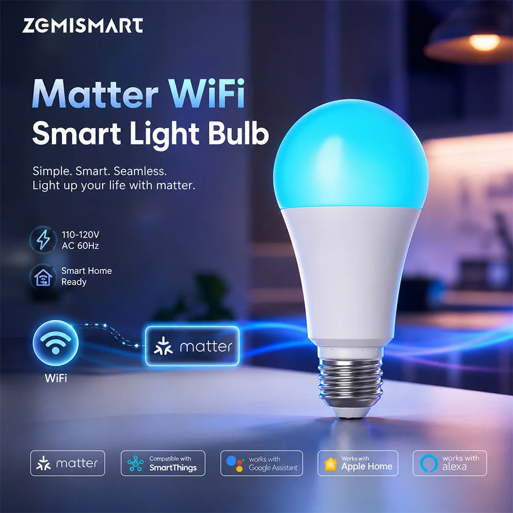 Zemismart E27 Matter WiFi Smart LED Light Bulb 9W 110-120V RGBCW Dimmable Works with Alexa Google Home HomeKit SmartThings HA