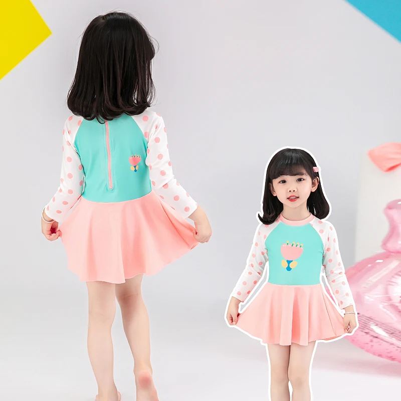 

Baby Girls One-Piece Swimming Wear Girls Quick Dry Swimsuit Princess Bathing Suit Child Long Sleeve Swimming Dress Size 2-11Y