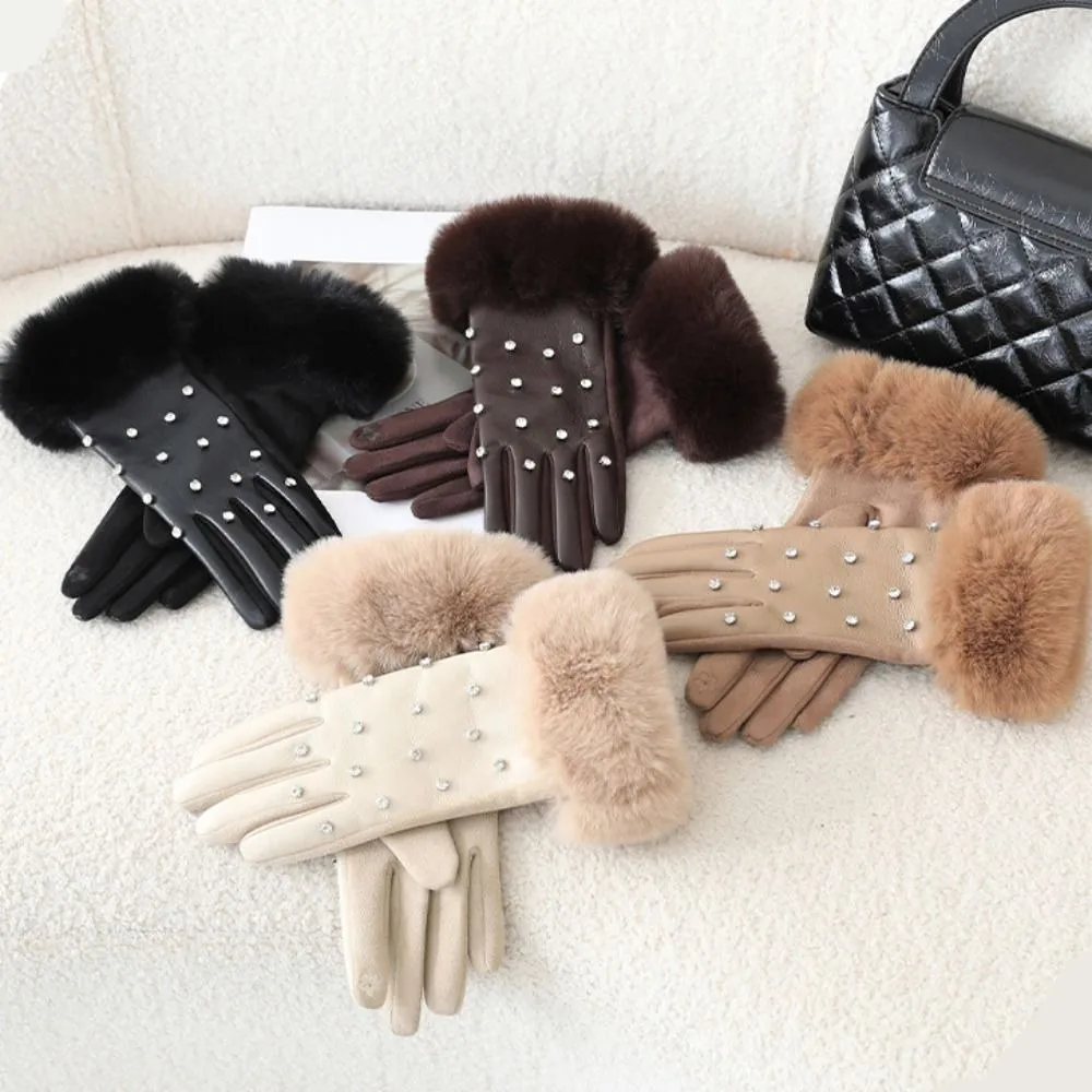

Cute Velvet Rhinestone Winter Gloves Thick Pu Leather Gloves Korean Style Touch Screen Women Warm Mittens Autumn