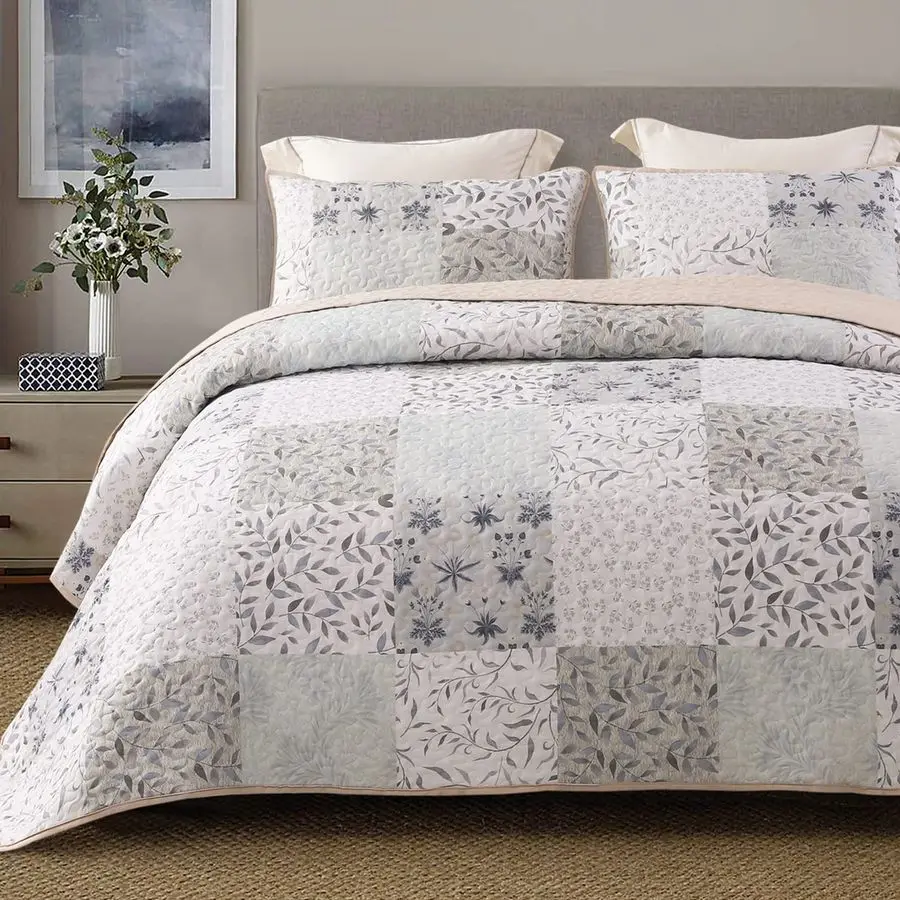

Reversible Boho Quilts Queen Size, Gray Bedspreads Lightweight Coverlet All Season Patchwork Quilt Bedding Set with Printed Flor