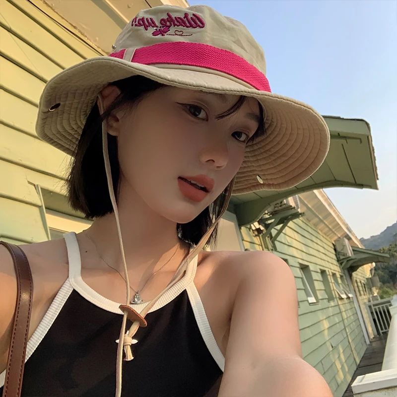 Spice Girl Y2K Hiking Hat Summer Korean Big Brim Sunshade Western Cowboy Caps Outdoor Camping Drawstring Bucket Hats Women