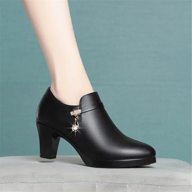 Deep Mouth Block Heels Pumps Women Platform Shoes Fashion Pointed Toe Leather Shoes Woman High Heel Office Shoes Black