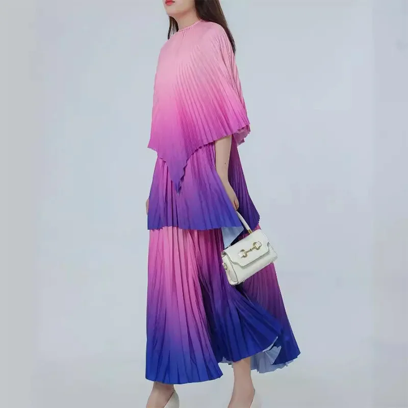 Vrouwen Print Tweedelige Rok Sets Losse A-lijn Gradiënt Pakken Onregelmatige Tops Ronde Hals Casual Splice Lange Rokken Dame Zomer