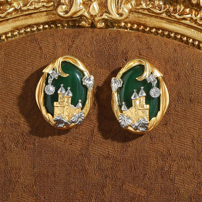 

Vintage Natural Stone Green Stud Earrings Gold Color Rhinestone Castle Inlay Quality Designer For Women 2026 Art Festival Charms