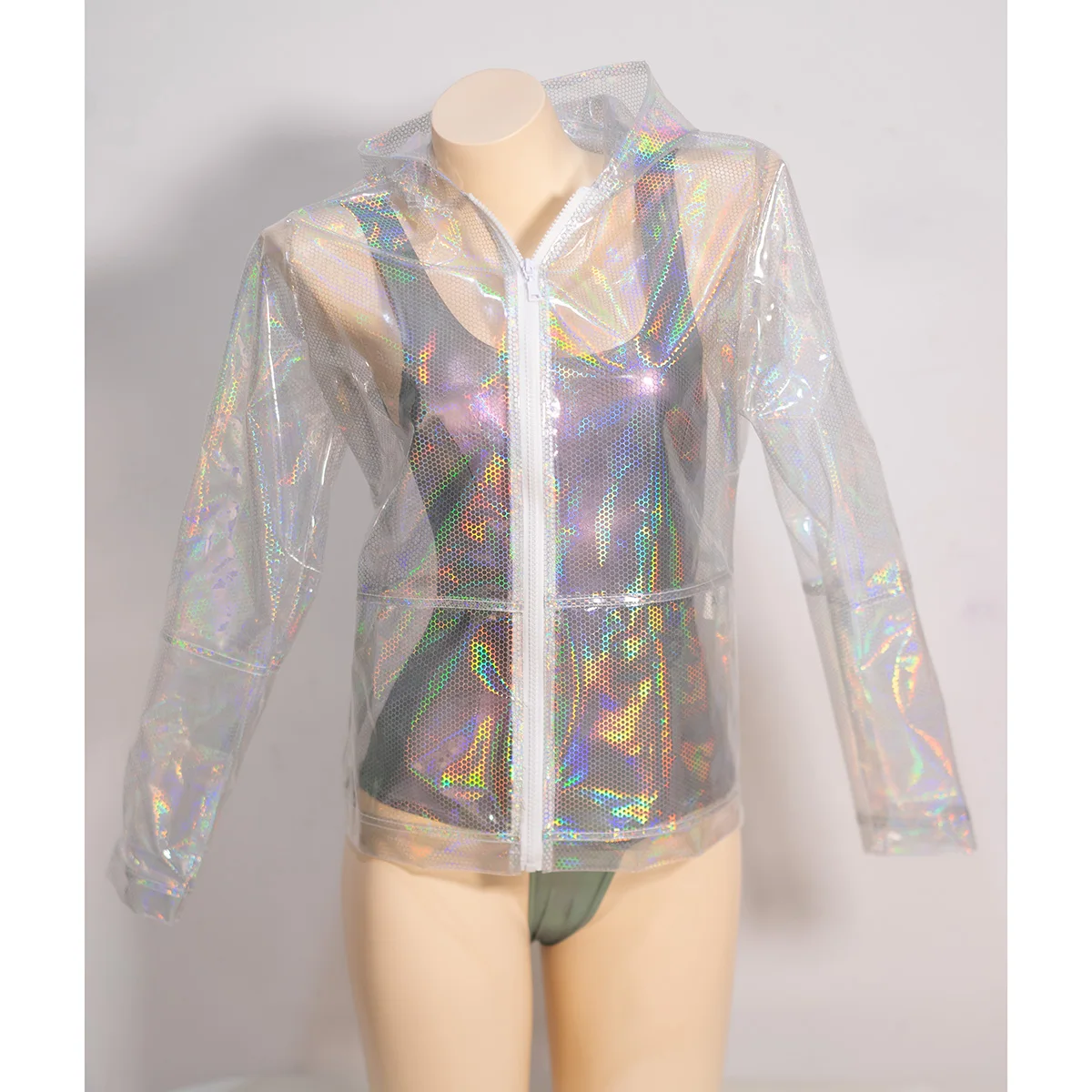 Feat.[CW Wearable AT Mirror] Rainbow-light Transparent Coat Cyberpumk Futuristic Grid Texture Crystal Jacket