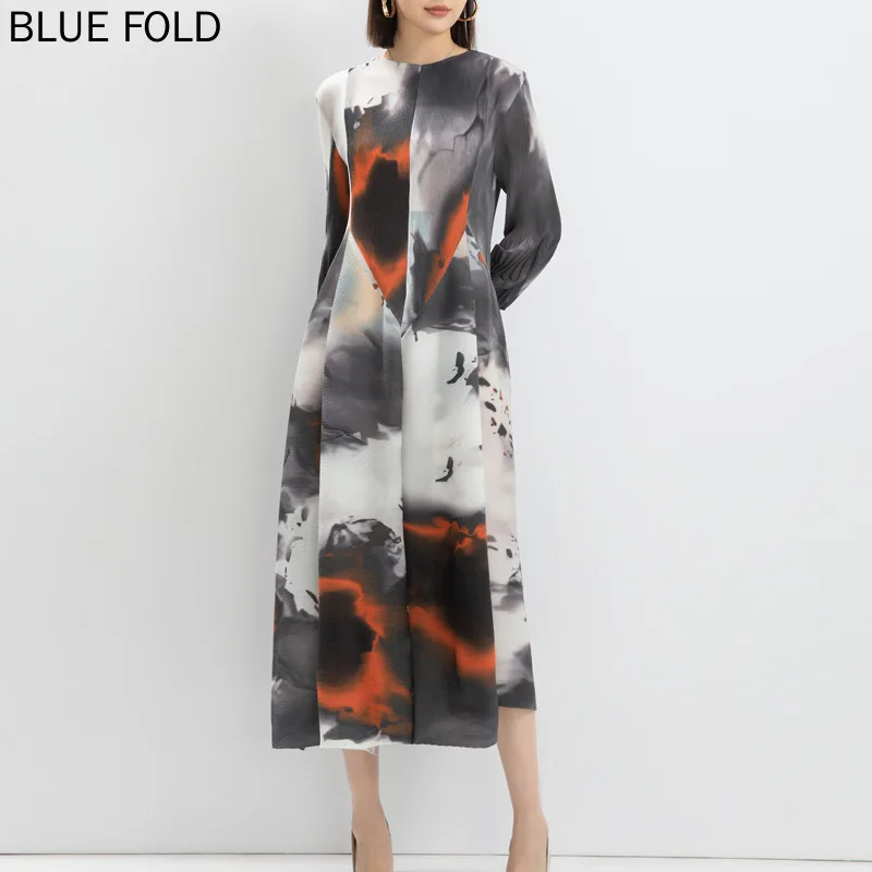 Spring and Autumn High-end Fashion Printed Lantern Sleeves Loose Large Size Round Neck Long Dress Middle Eastern MIYAKE PLEATS