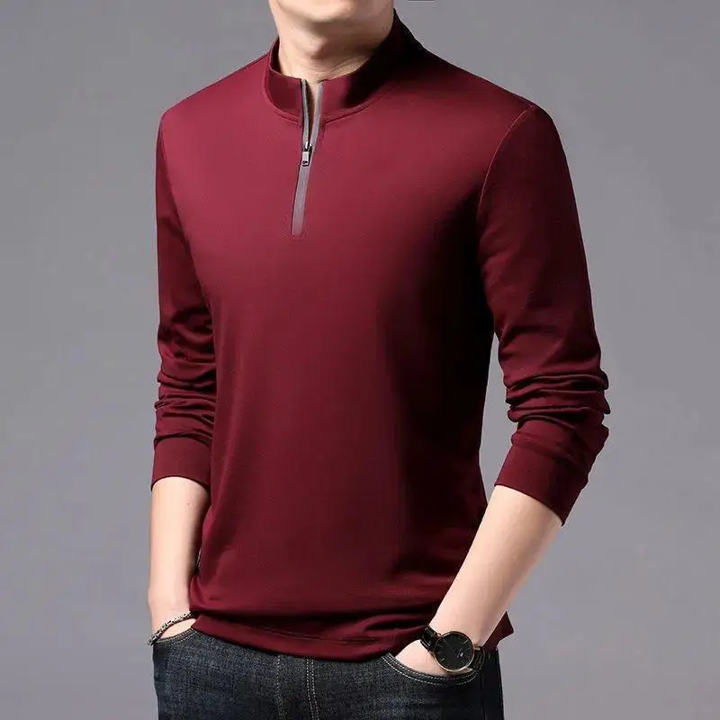 Business Casual Men Solid Zippers Polo Shirts Spring Autumn Male Clothes Long Sleeve Loose Stand Collar Fashion Versatile Tops