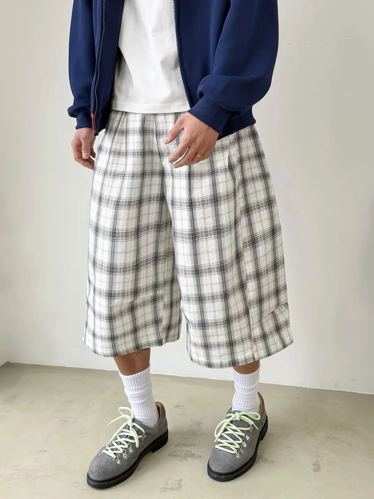 American Retro Black White Color Block Plaid Wide Leg Casual Pants Men Summer Loose Feelings Match Loose over Knee Seven Points