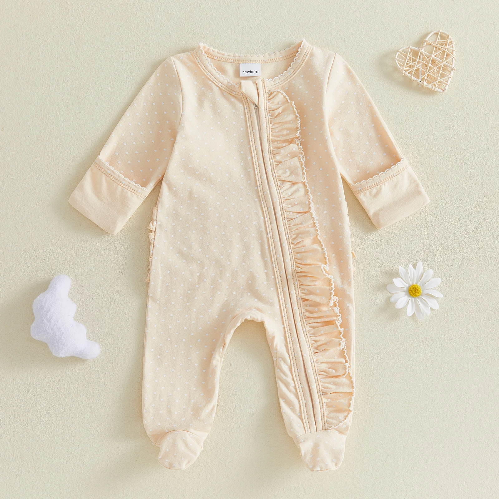 Baby Girls Fall Zipper Footed Romper Dot Print Sweet Ruffle Long Sleeve Jumpsuit Baby Autumn Clothes