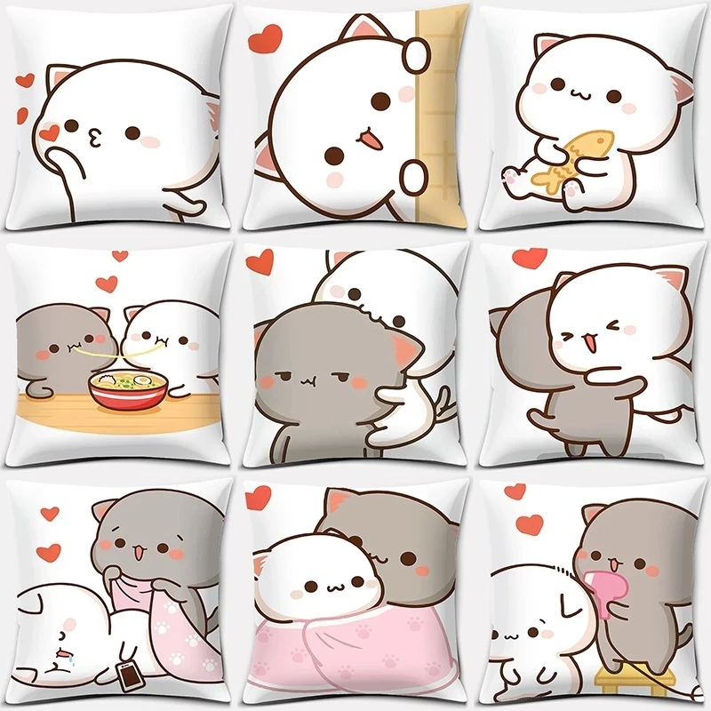 Kawaii Mocha Mochi Peach Cat Pillowcases Cute Peach and Goma Throw Pillow Case Home Decor Sofa Car Waist Cushion Cover